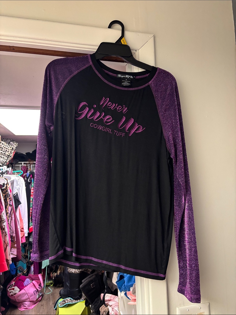 Cowgirl Tuff Black Tee with Purple Glitter Raglan Sleeves